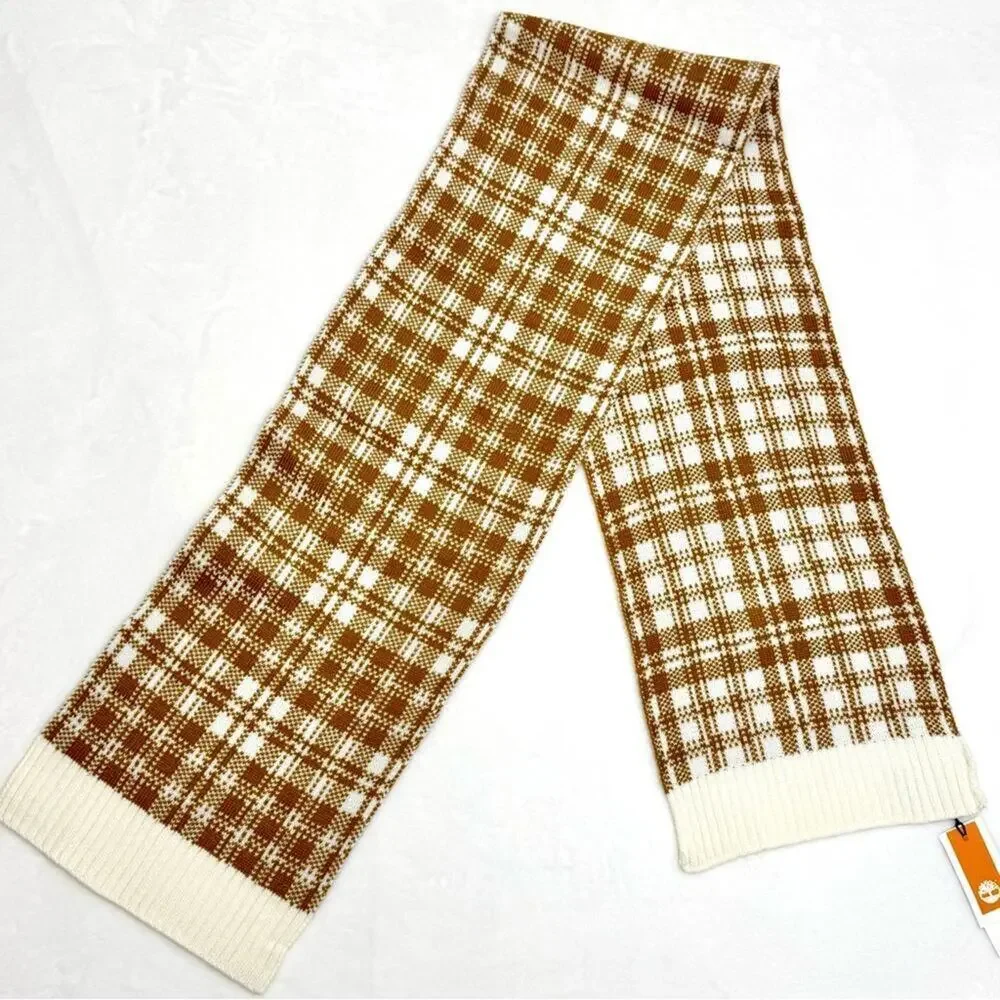 NWT Timberland Plaid Knit Scarf Brown Cream Winter Snow Warm